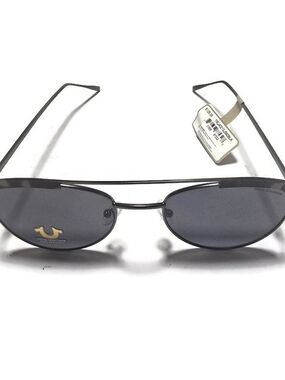 True Religion Men’s Black Metal Oval Sunglasses with Dark Gray Lenses